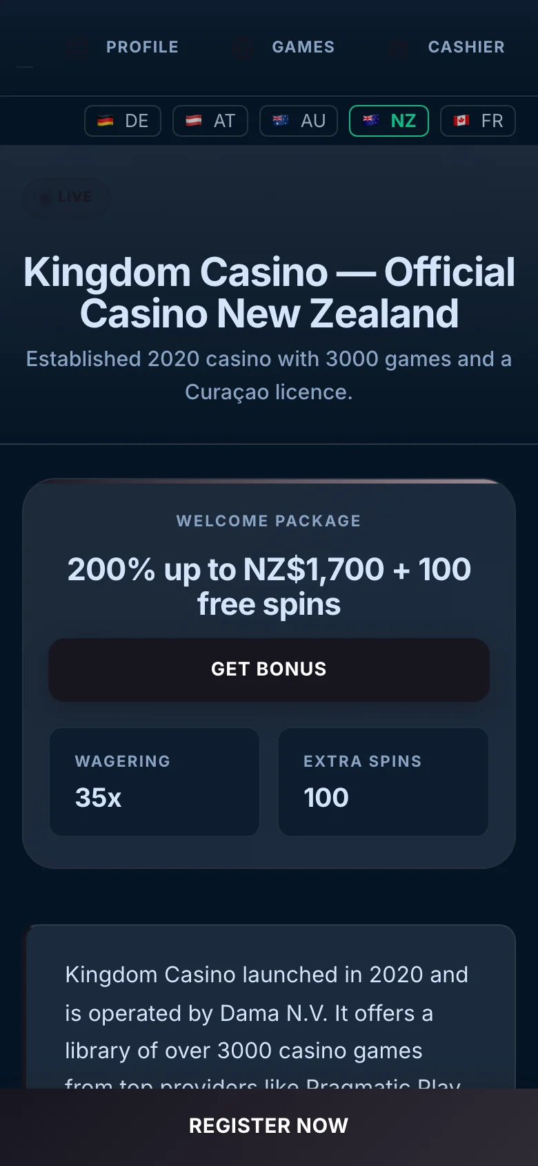 Kingdom Casino mobile lobby screenshot